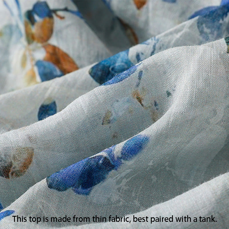 Camisa de algodón para mujer con cuello en V, manga tres cuartos y estampado floral azul Buddha Stones - image 15