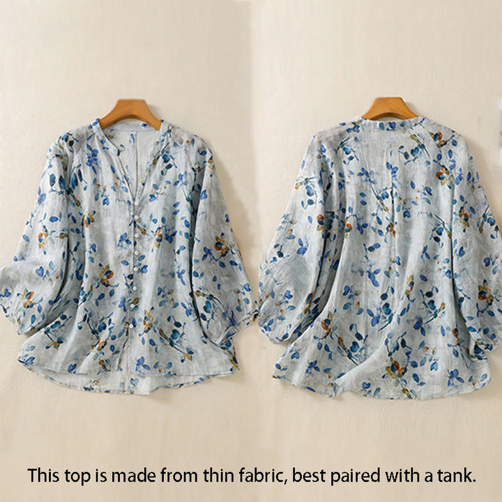 Camisa de algodón para mujer con cuello en V, manga tres cuartos y estampado floral azul Buddha Stones - image 4