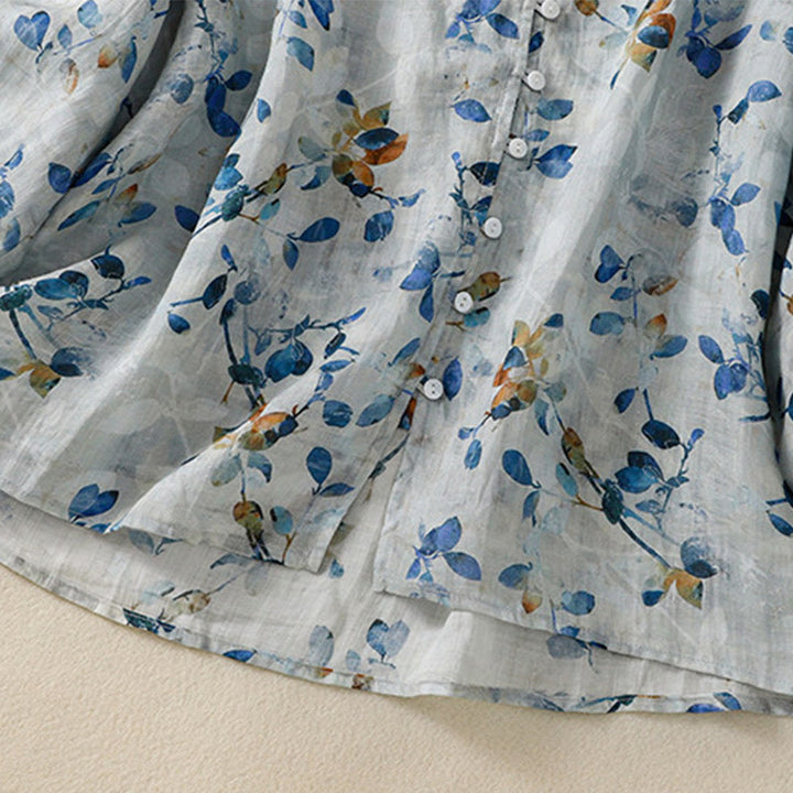 Camisa de algodón para mujer con cuello en V, manga tres cuartos y estampado floral azul Buddha Stones - image 13