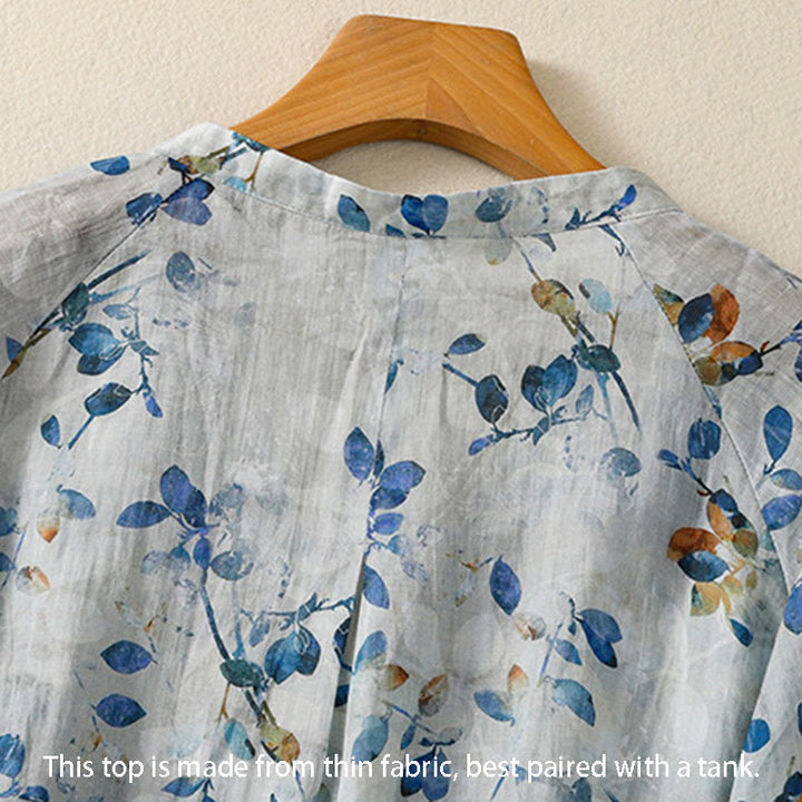 Camisa de algodón para mujer con cuello en V, manga tres cuartos y estampado floral azul Buddha Stones - image 6