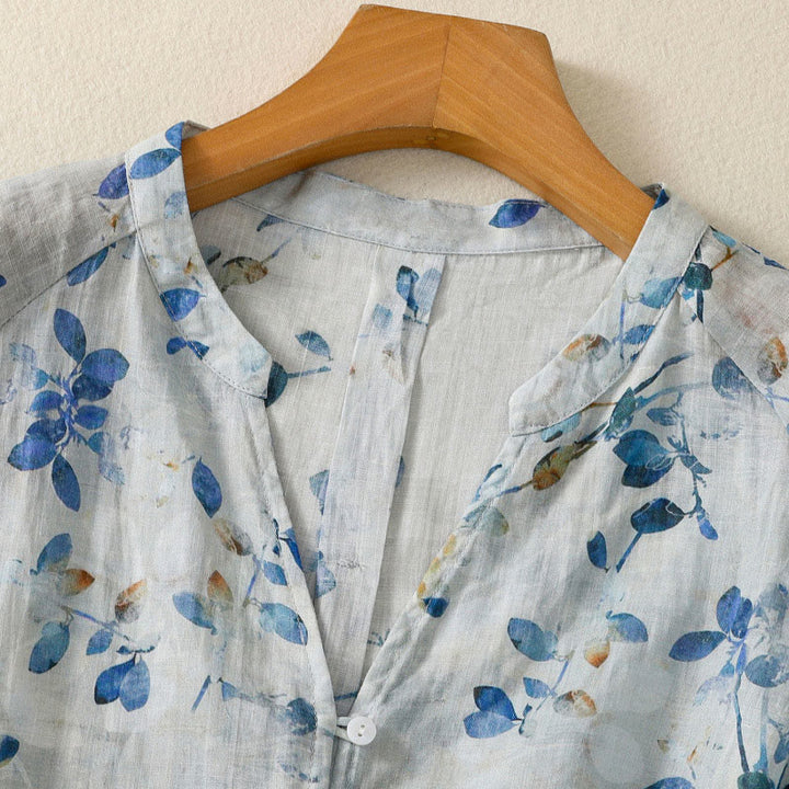 Camisa de algodón para mujer con cuello en V, manga tres cuartos y estampado floral azul Buddha Stones - image 8