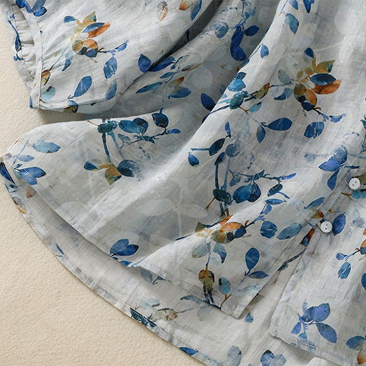 Camisa de algodón para mujer con cuello en V, manga tres cuartos y estampado floral azul Buddha Stones - image 10