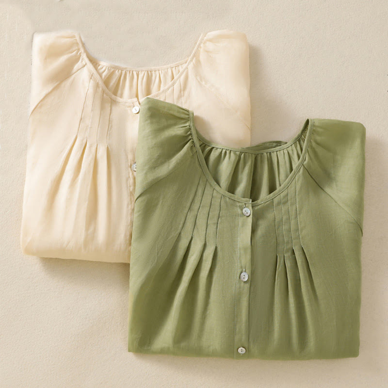 Camisa de algodón para mujer con cuello redondo, botones y manga tres cuartos, con estampado de Buddha Stones - image 1