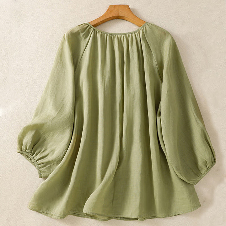 Camisa de algodón para mujer con cuello redondo, botones y manga tres cuartos, con estampado de Buddha Stones - image 3