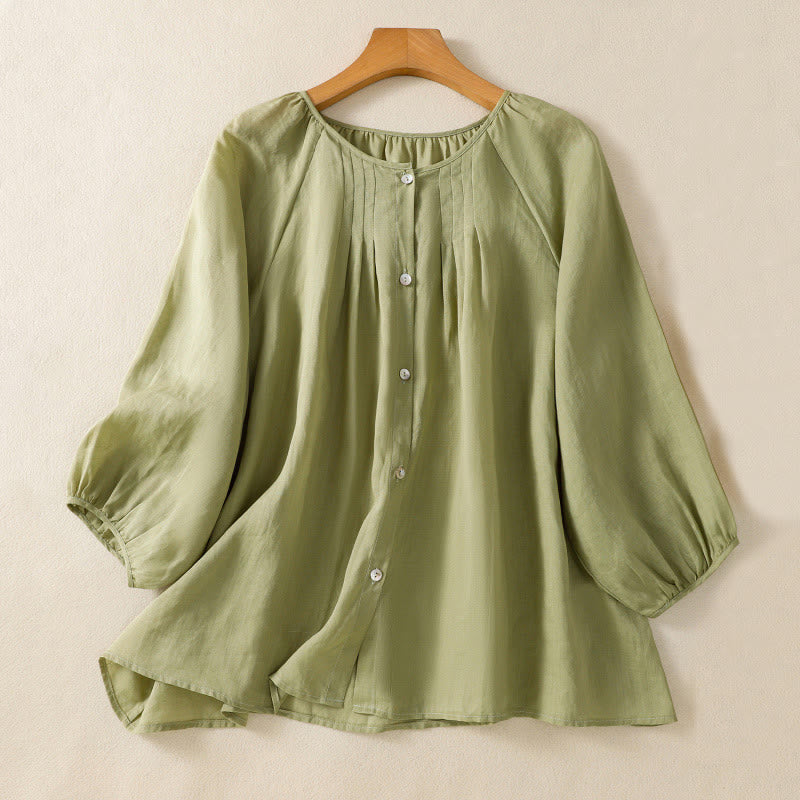 Camisa de algodón para mujer con cuello redondo, botones y manga tres cuartos, con estampado de Buddha Stones - Verde amarillento - US14，UK/AU18，EU46 (2XL) - image 2