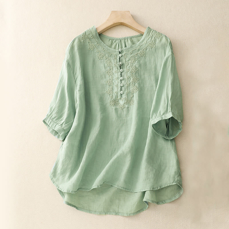 Camisa de algodón para mujer con cuello redondo, manga corta y botones bordados con líneas de Buddha Stones - Azul claro - US14，UK/AU18，EU46 (2XL) - image 0