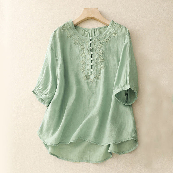 Camisa de algodón para mujer con cuello redondo, manga corta y botones bordados con líneas de Buddha Stones - Azul claro - US14，UK/AU18，EU46 (2XL) - image 0