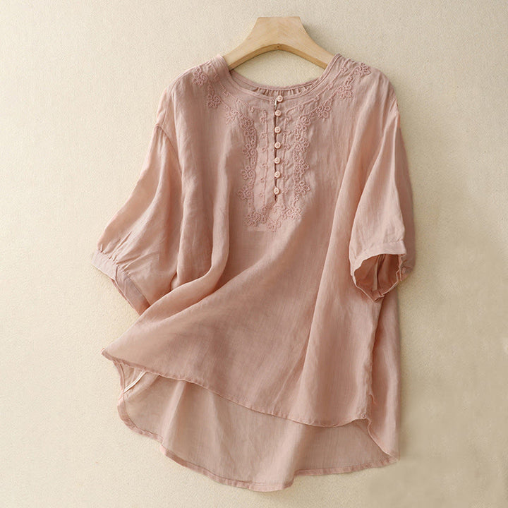 Camisa de algodón para mujer con cuello redondo, manga corta y botones bordados con líneas de Buddha Stones - Rosa - US14，UK/AU18，EU46 (2XL) - image 12
