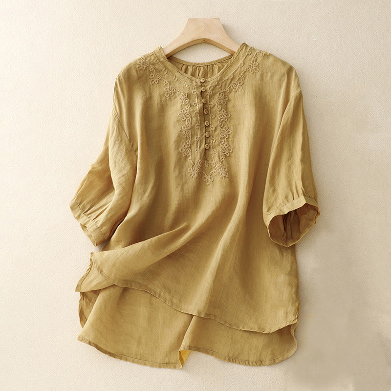 Camisa de algodón para mujer con cuello redondo, manga corta y botones bordados con líneas de Buddha Stones - Vara de oro - US14，UK/AU18，EU46 (2XL) - image 17