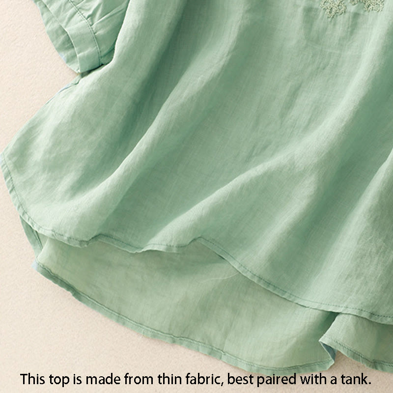 Camisa de algodón para mujer con cuello redondo, manga corta y botones bordados con líneas de Buddha Stones - image 2