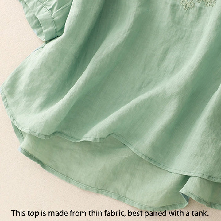 Camisa de algodón para mujer con cuello redondo, manga corta y botones bordados con líneas de Buddha Stones - image 2