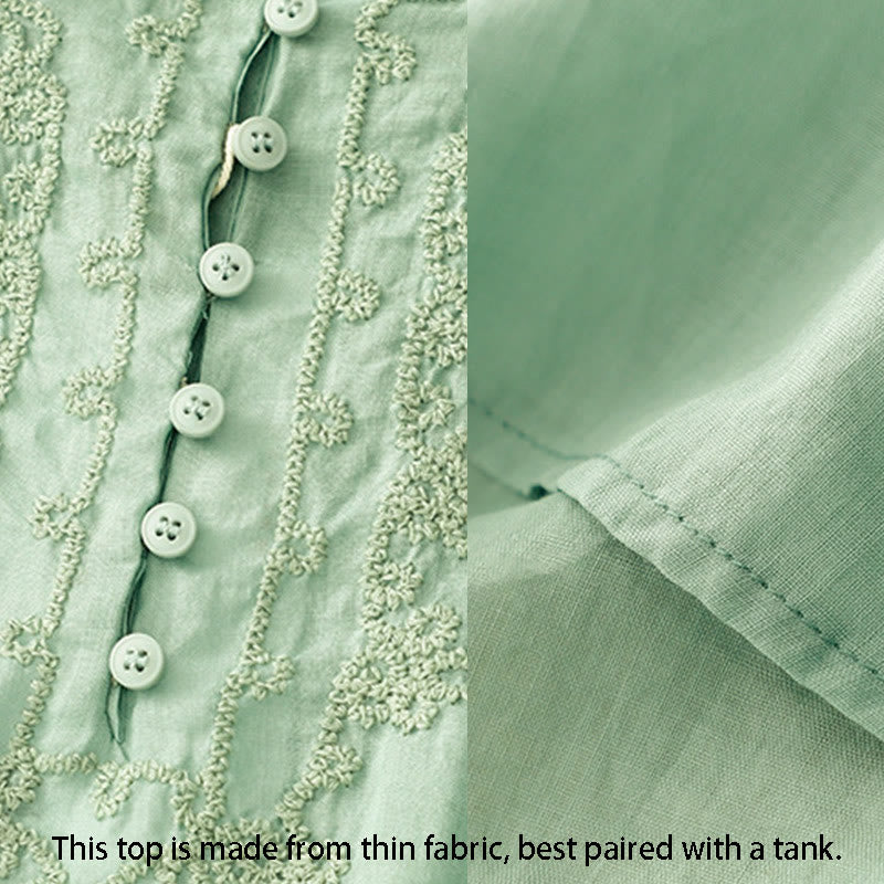 Camisa de algodón para mujer con cuello redondo, manga corta y botones bordados con líneas de Buddha Stones - image 4