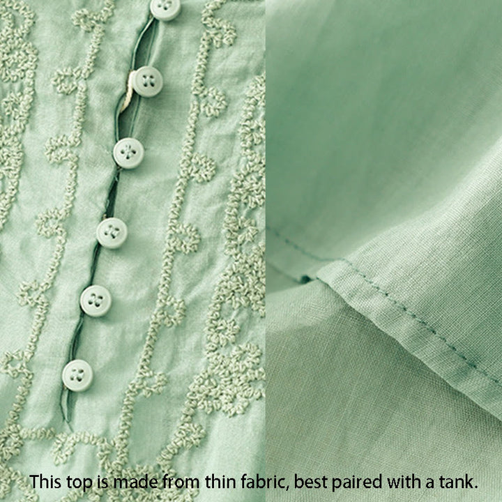 Camisa de algodón para mujer con cuello redondo, manga corta y botones bordados con líneas de Buddha Stones - image 4