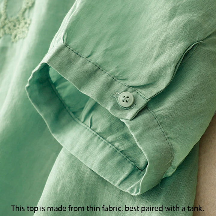 Camisa de algodón para mujer con cuello redondo, manga corta y botones bordados con líneas de Buddha Stones - image 3