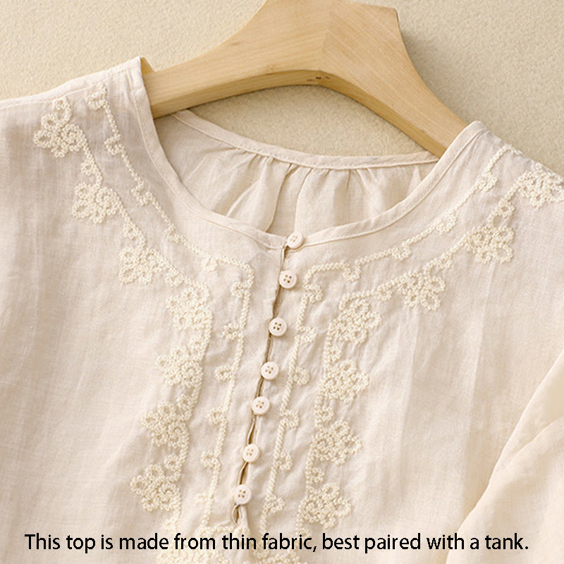 Camisa de algodón para mujer con cuello redondo, manga corta y botones bordados con líneas de Buddha Stones - image 6