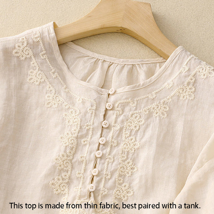 Camisa de algodón para mujer con cuello redondo, manga corta y botones bordados con líneas de Buddha Stones - image 6