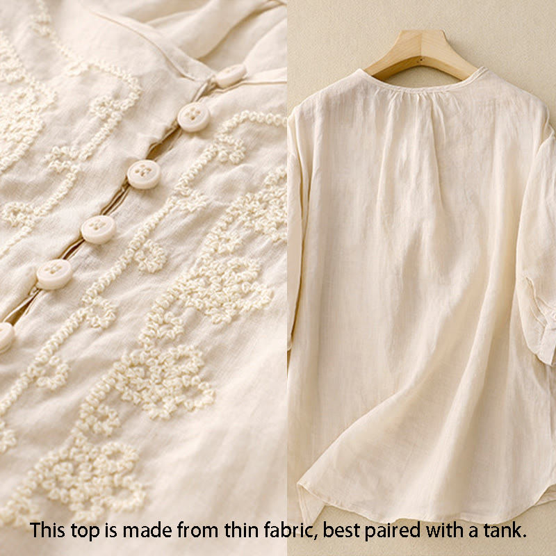 Camisa de algodón para mujer con cuello redondo, manga corta y botones bordados con líneas de Buddha Stones - image 10