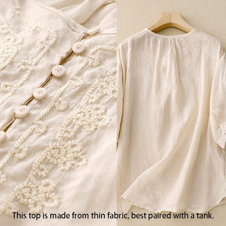 Camisa de algodón para mujer con cuello redondo, manga corta y botones bordados con líneas de Buddha Stones - image 10