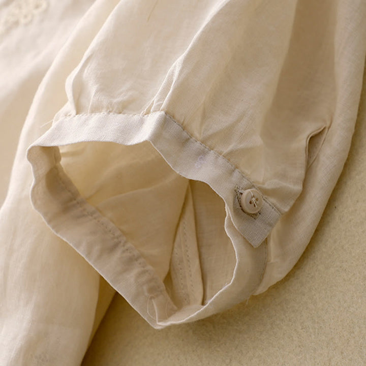 Camisa de algodón para mujer con cuello redondo, manga corta y botones bordados con líneas de Buddha Stones - image 8