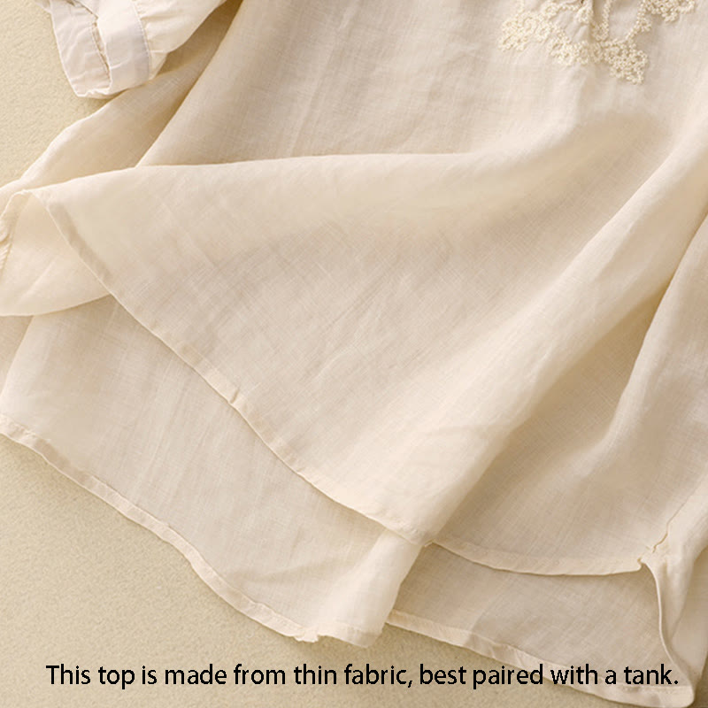 Camisa de algodón para mujer con cuello redondo, manga corta y botones bordados con líneas de Buddha Stones - image 9