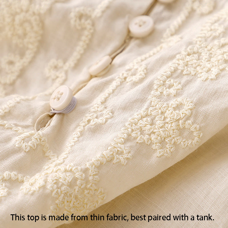 Camisa de algodón para mujer con cuello redondo, manga corta y botones bordados con líneas de Buddha Stones - image 7