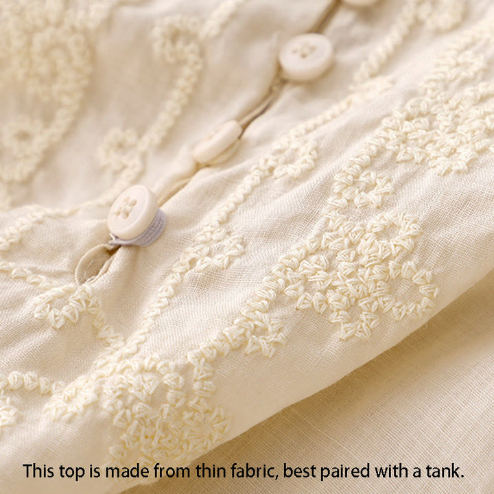 Camisa de algodón para mujer con cuello redondo, manga corta y botones bordados con líneas de Buddha Stones - image 7