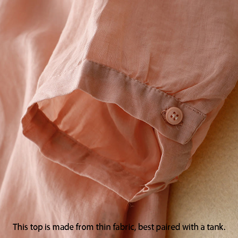 Camisa de algodón para mujer con cuello redondo, manga corta y botones bordados con líneas de Buddha Stones - image 15