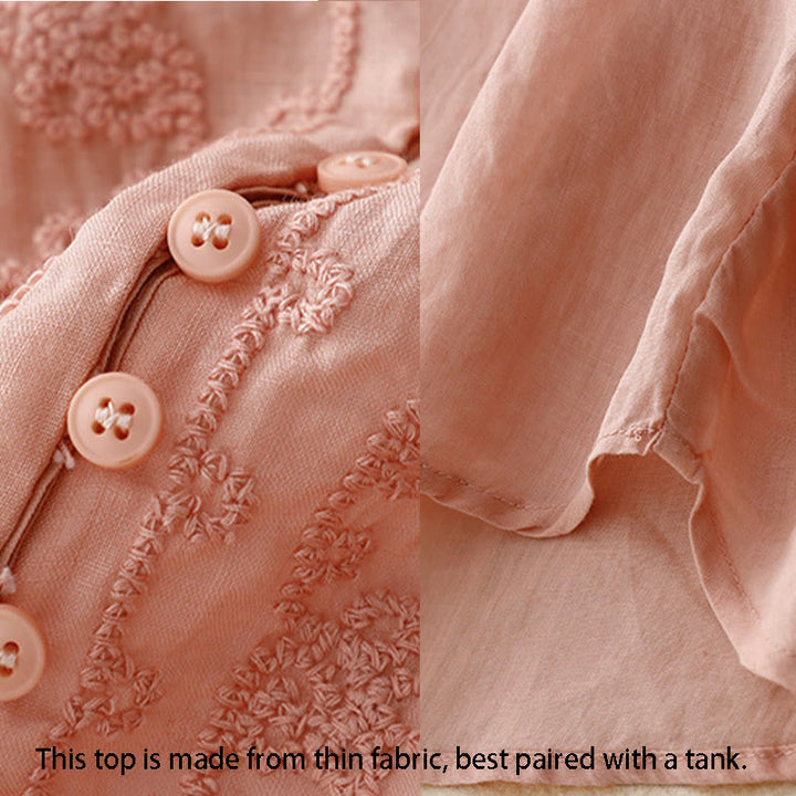 Camisa de algodón para mujer con cuello redondo, manga corta y botones bordados con líneas de Buddha Stones - image 14