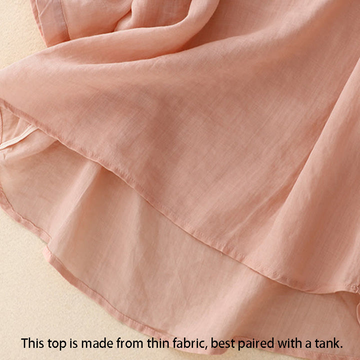 Camisa de algodón para mujer con cuello redondo, manga corta y botones bordados con líneas de Buddha Stones - image 16