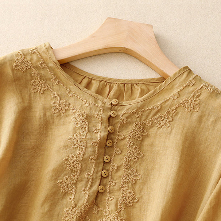 Camisa de algodón para mujer con cuello redondo, manga corta y botones bordados con líneas de Buddha Stones - image 20