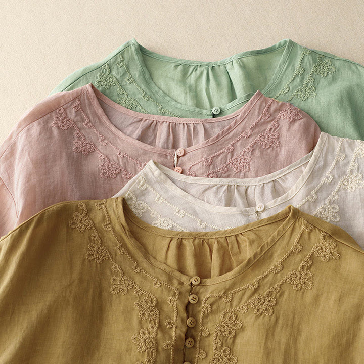 Camisa de algodón para mujer con cuello redondo, manga corta y botones bordados con líneas de Buddha Stones - image 19