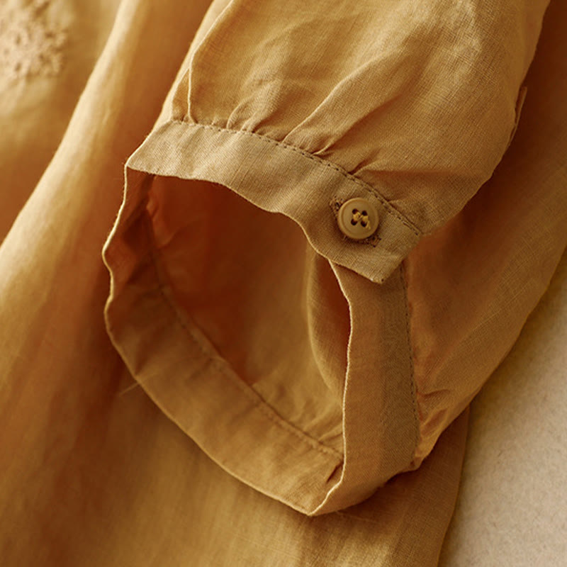 Camisa de algodón para mujer con cuello redondo, manga corta y botones bordados con líneas de Buddha Stones - image 22