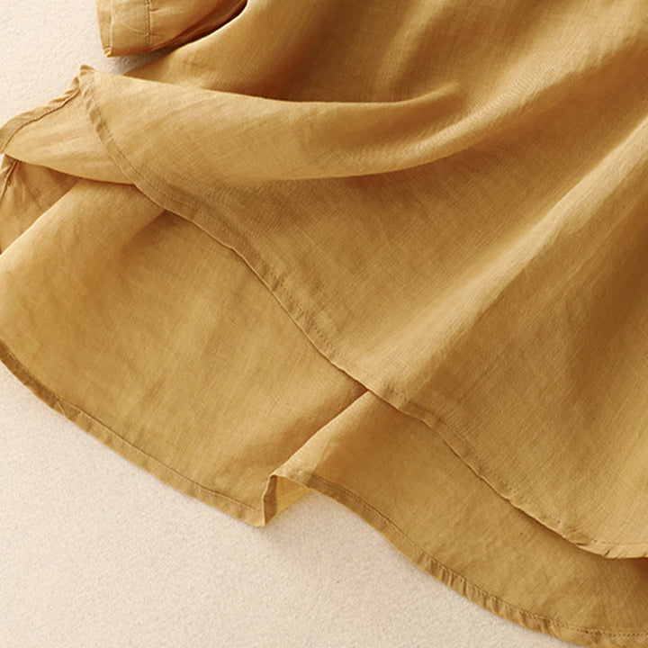 Camisa de algodón para mujer con cuello redondo, manga corta y botones bordados con líneas de Buddha Stones - image 23