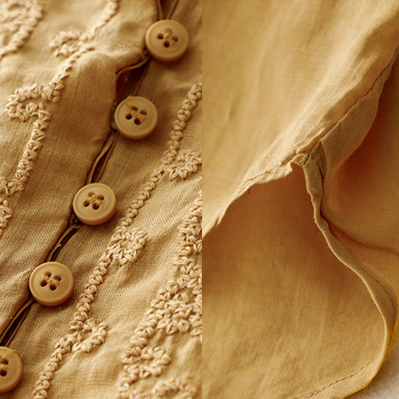 Camisa de algodón para mujer con cuello redondo, manga corta y botones bordados con líneas de Buddha Stones - image 21