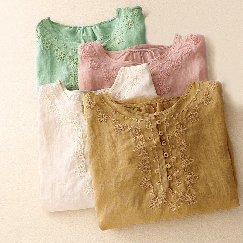 Camisa de algodón para mujer con cuello redondo, manga corta y botones bordados con líneas de Buddha Stones - image 18