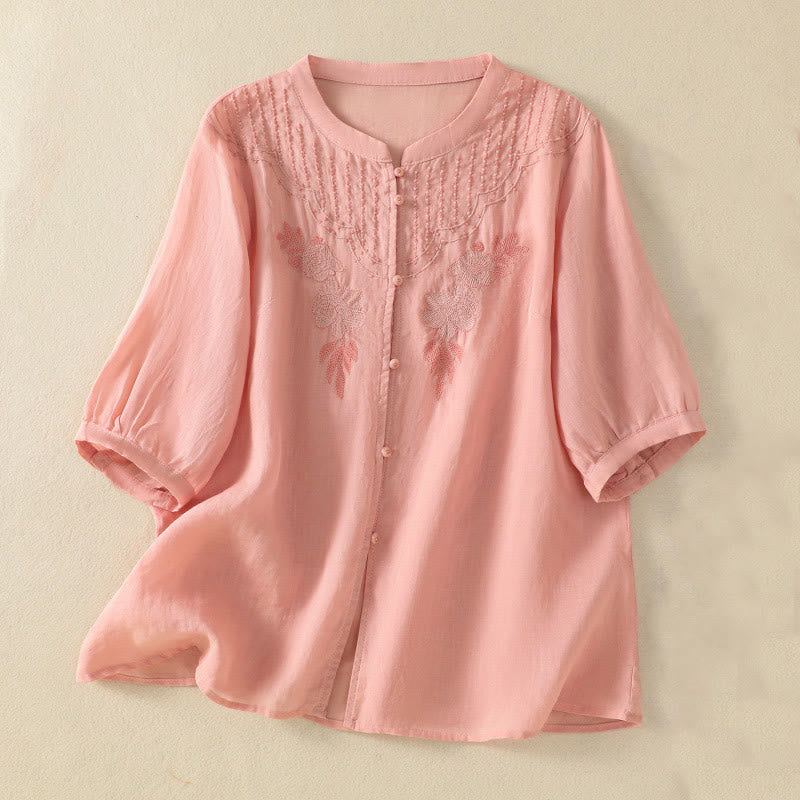 Camisa de algodón para mujer de media manga con botones y bordado floral de rosas y Buddha Stones - Rosa claro - US14，UK/AU18，EU46 (2XL) - image 11