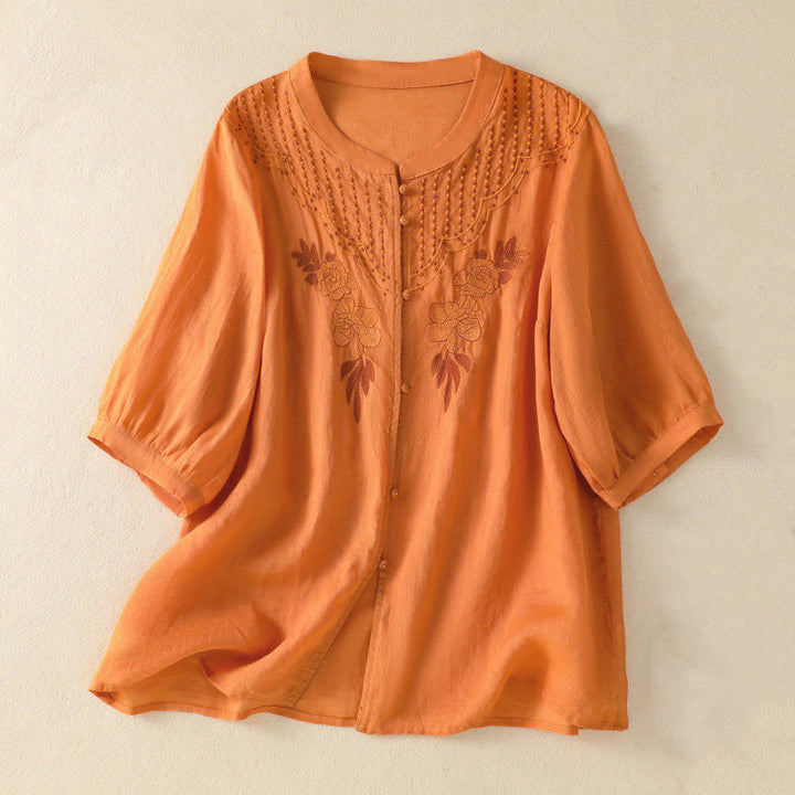 Camisa de algodón para mujer de media manga con botones y bordado floral de rosas y Buddha Stones - Naranja - US14，UK/AU18，EU46 (2XL) - image 23