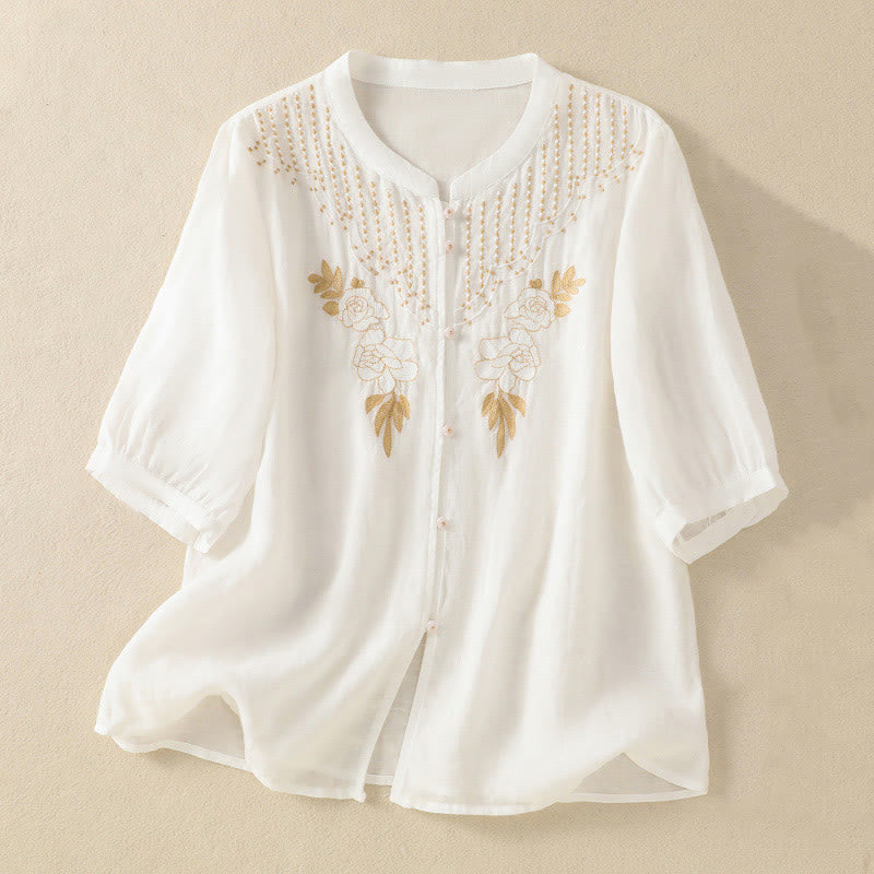 Camisa de algodón para mujer de media manga con botones y bordado floral de rosas y Buddha Stones - Blanco - US14，UK/AU18，EU46 (2XL) - image 33