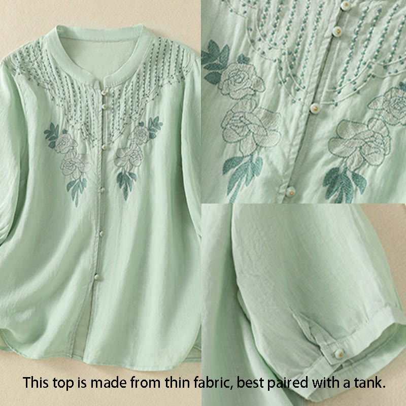 Camisa de algodón para mujer de media manga con botones y bordado floral de rosas y Buddha Stones - image 3