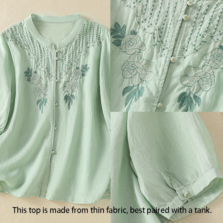 Camisa de algodón para mujer de media manga con botones y bordado floral de rosas y Buddha Stones - image 3