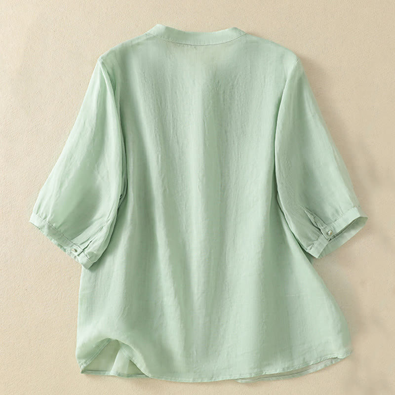 Camisa de algodón para mujer de media manga con botones y bordado floral de rosas y Buddha Stones - image 2