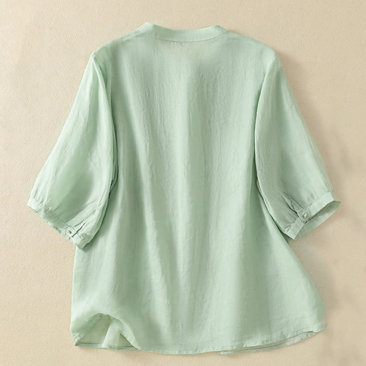 Camisa de algodón para mujer de media manga con botones y bordado floral de rosas y Buddha Stones - image 2