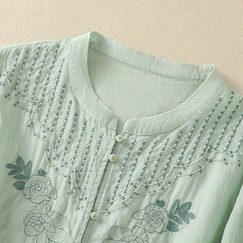 Camisa de algodón para mujer de media manga con botones y bordado floral de rosas y Buddha Stones - image 6