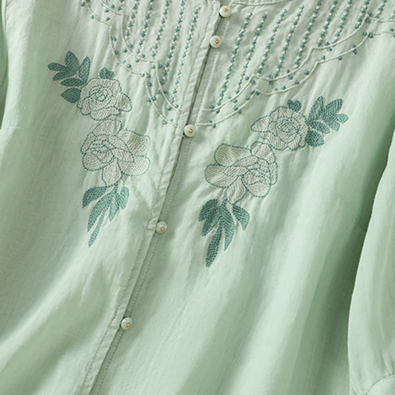 Camisa de algodón para mujer de media manga con botones y bordado floral de rosas y Buddha Stones - image 7