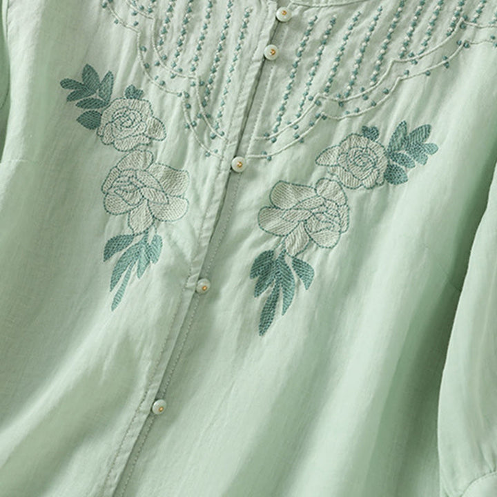 Camisa de algodón para mujer de media manga con botones y bordado floral de rosas y Buddha Stones - image 7