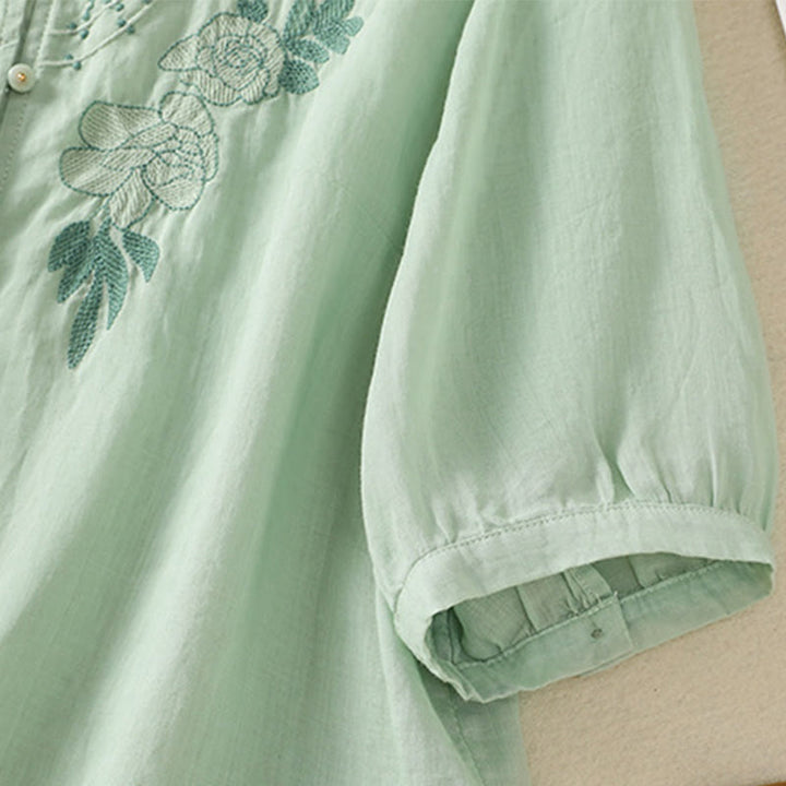 Camisa de algodón para mujer de media manga con botones y bordado floral de rosas y Buddha Stones - image 8