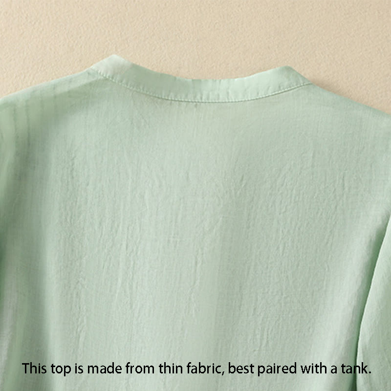 Camisa de algodón para mujer de media manga con botones y bordado floral de rosas y Buddha Stones - image 5