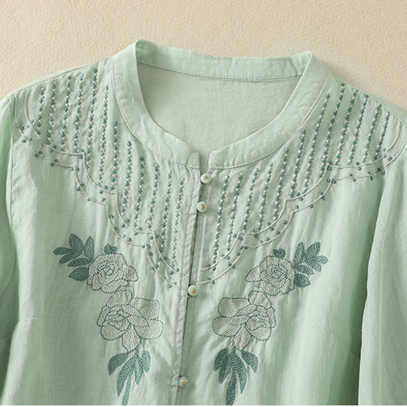 Camisa de algodón para mujer de media manga con botones y bordado floral de rosas y Buddha Stones - image 4