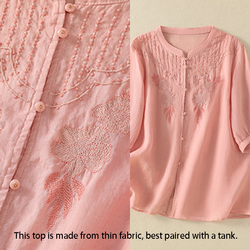 Camisa de algodón para mujer de media manga con botones y bordado floral de rosas y Buddha Stones - image 13