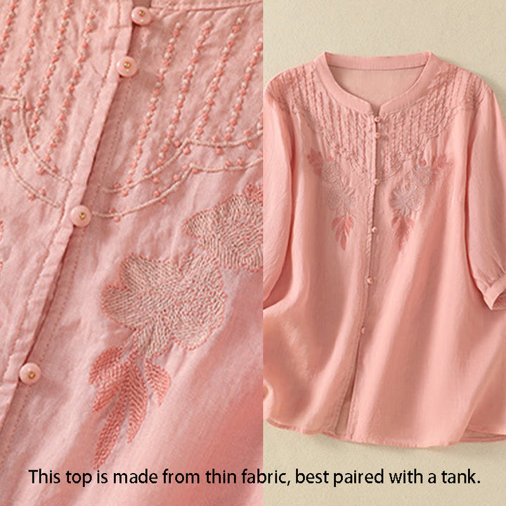 Camisa de algodón para mujer de media manga con botones y bordado floral de rosas y Buddha Stones - image 13